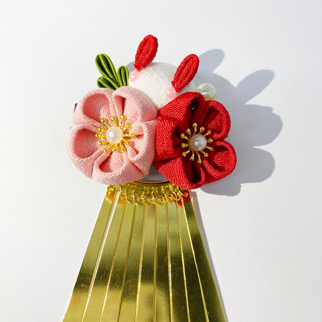 Modern Sakura Triple Layer Kimono Hair Bow, Japanese Traditional Tsumami Kanzashi Hair Accessory Red