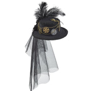 Gothic Steampunk Mini Felt Top Hat with Gears and Veil
