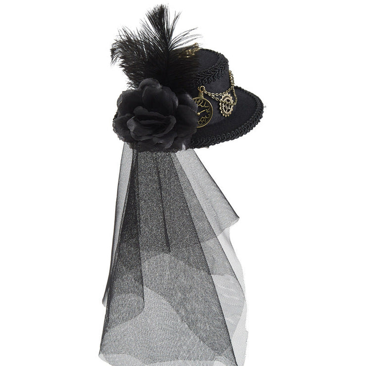 Gothic Steampunk Mini Felt Top Hat with Gears and Veil
