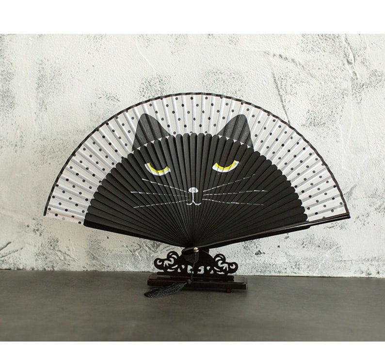 Cat Sensu (Japanese folding fan) for online Women - Black, Gift for Women