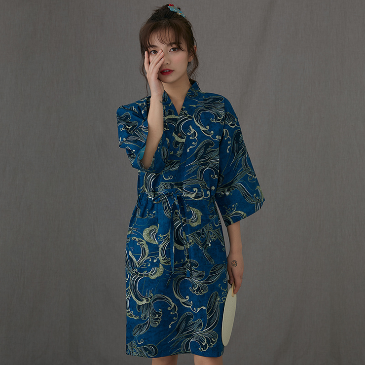 Blue Wave Pattern Obi Belt Women Yukata Nightwear