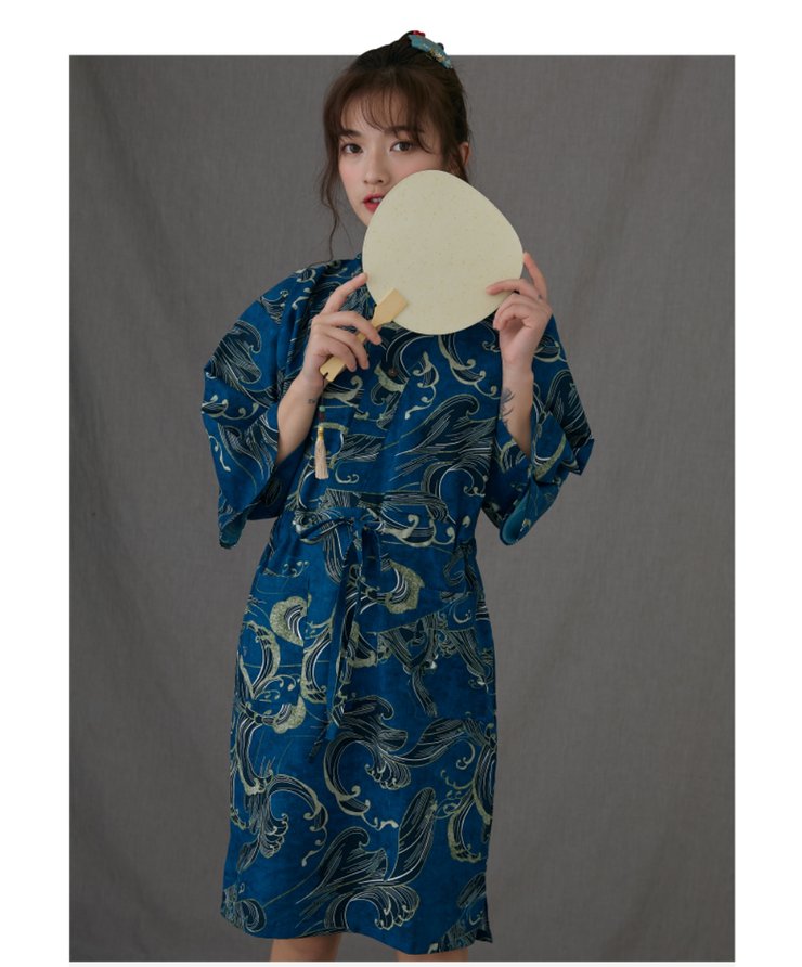 Blue Wave Pattern Obi Belt Women Yukata Nightwear