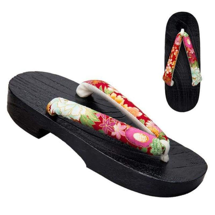 Geta | Women Flat Heel Wooden Sandals [Multi-Color Floral Pattern] | Foxtume